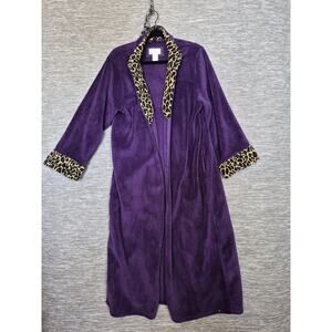 Oscar De La Renta Robe Womens L/XL Purple Fleece Kimono Leopard Fur Trim Plush